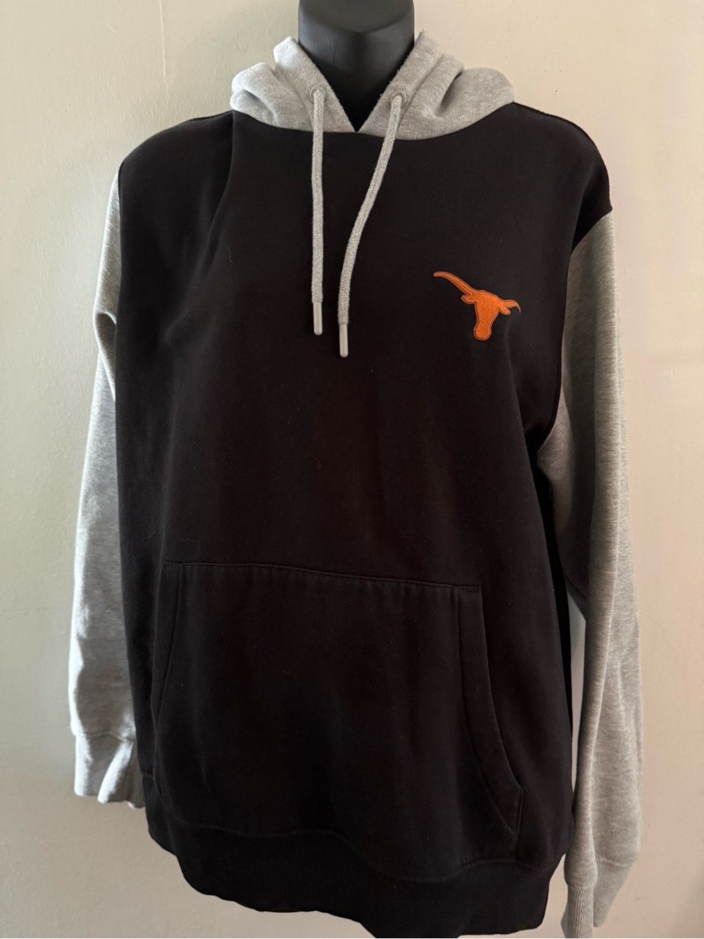 Antigua Black Hoodie with Gray Sleeves and Orange Longhorn